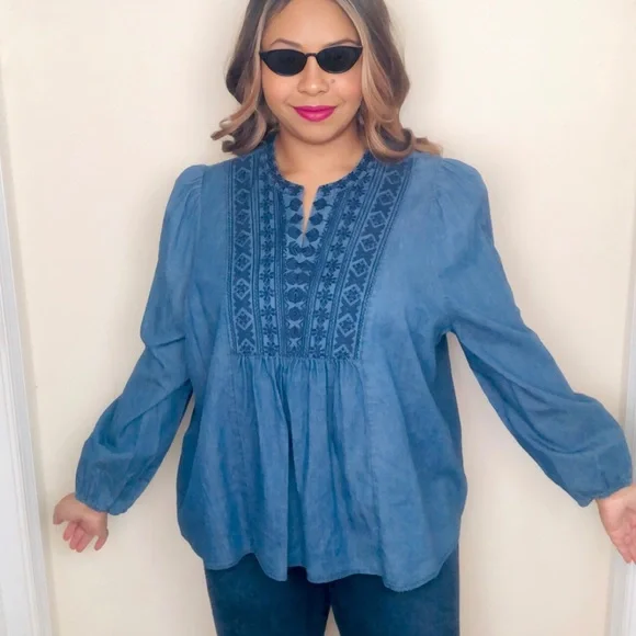 SALE 🔥 FALLS CREEK 3X Denim Blue Embroidered Boho Western Long Slv Plus Peasant - Picture 8 of 15